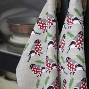 Kökshandduk i linne Domherre i vitt och rött