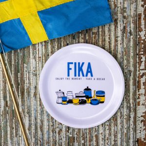Glasunderlägg 11cm rund med kant   Fika retro blågul