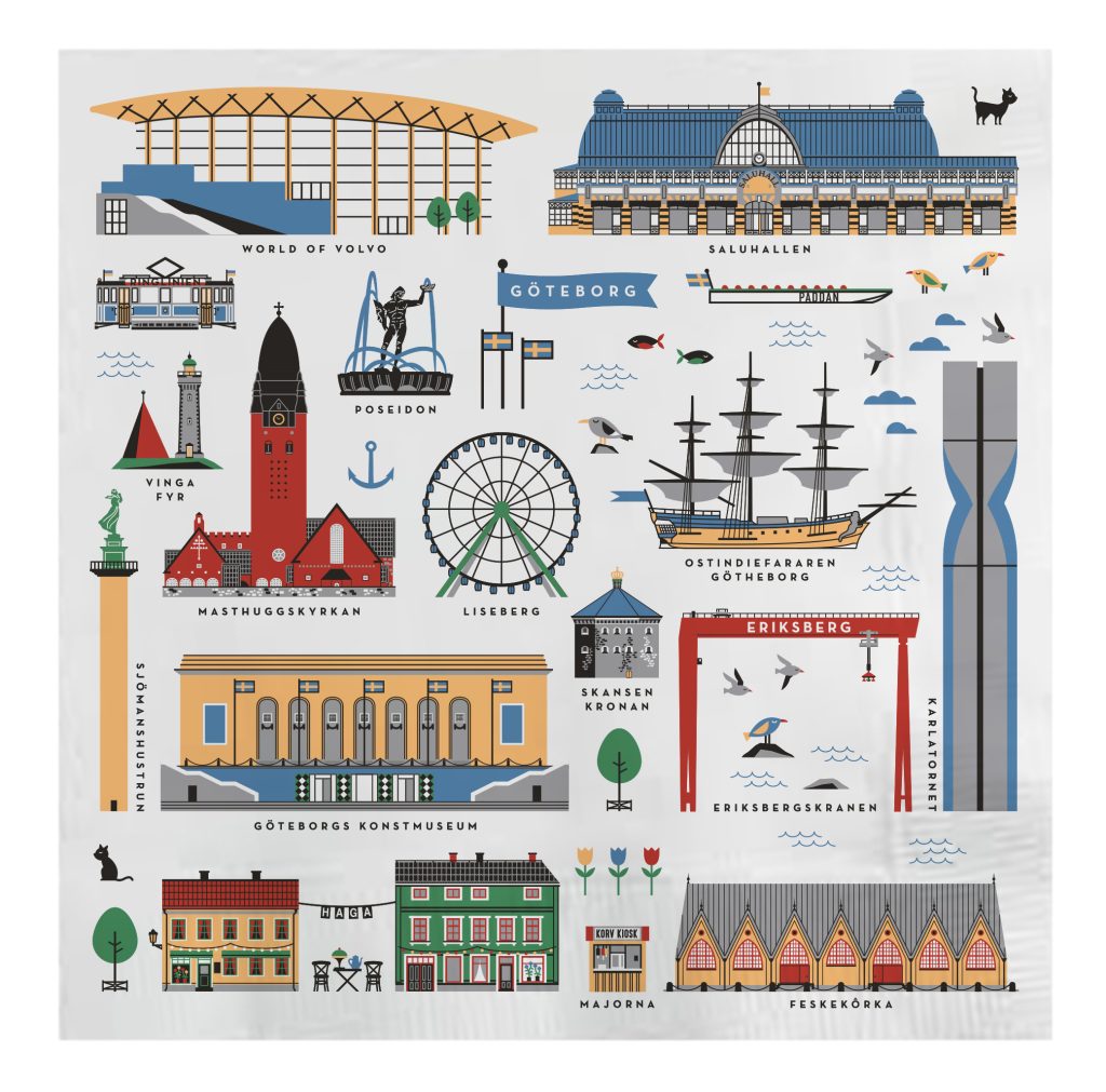 Servett med Göteborg hus, visar klassiska byggnader i Göteborg.