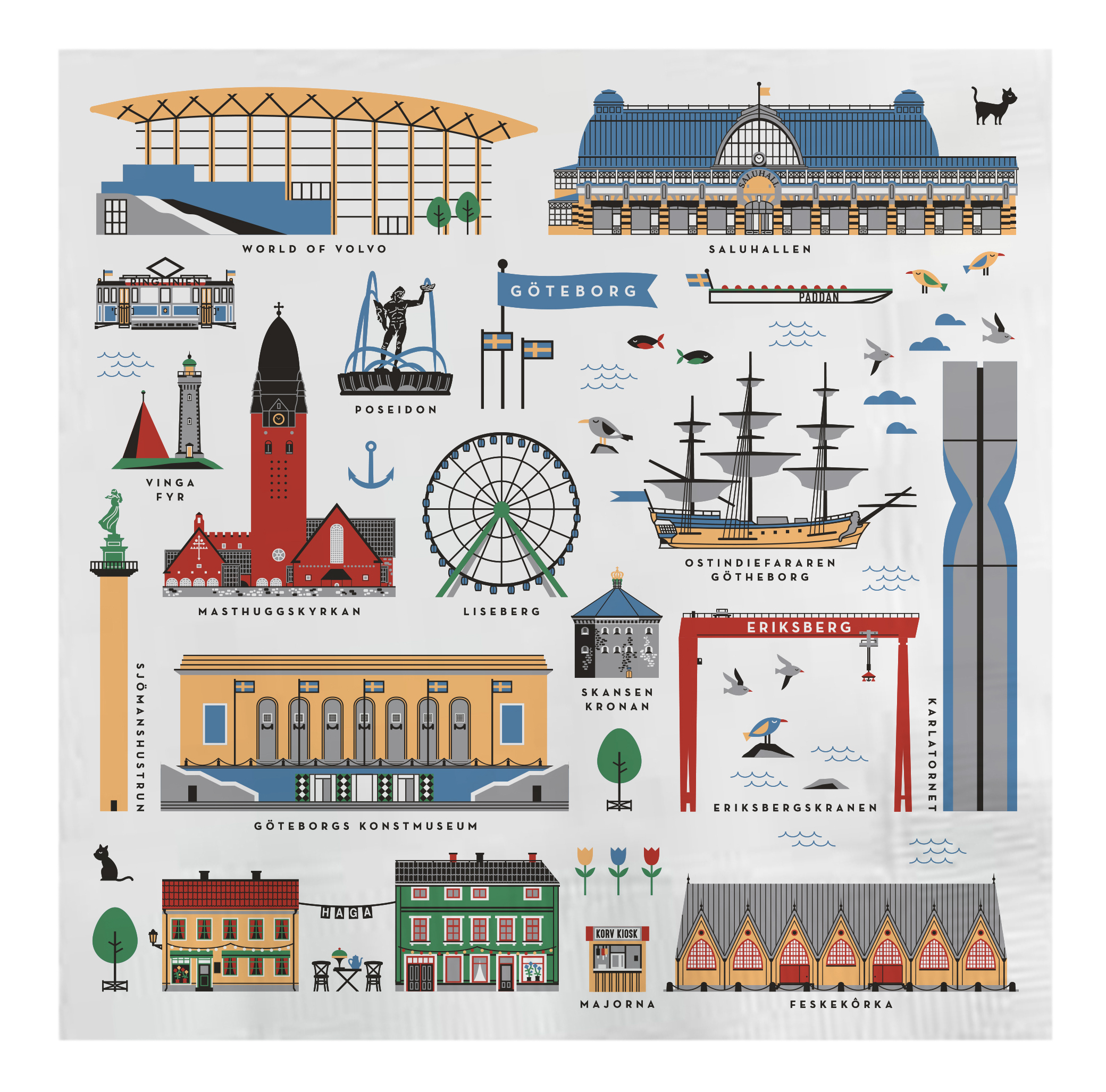Servett med Göteborg hus, visar klassiska byggnader i Göteborg.