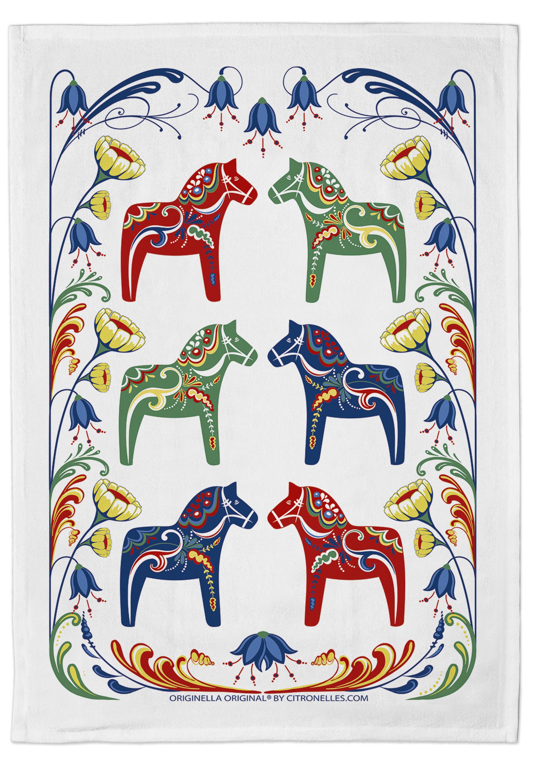 Kökshandduk dalahästar med vit bakgrund och illustrationer