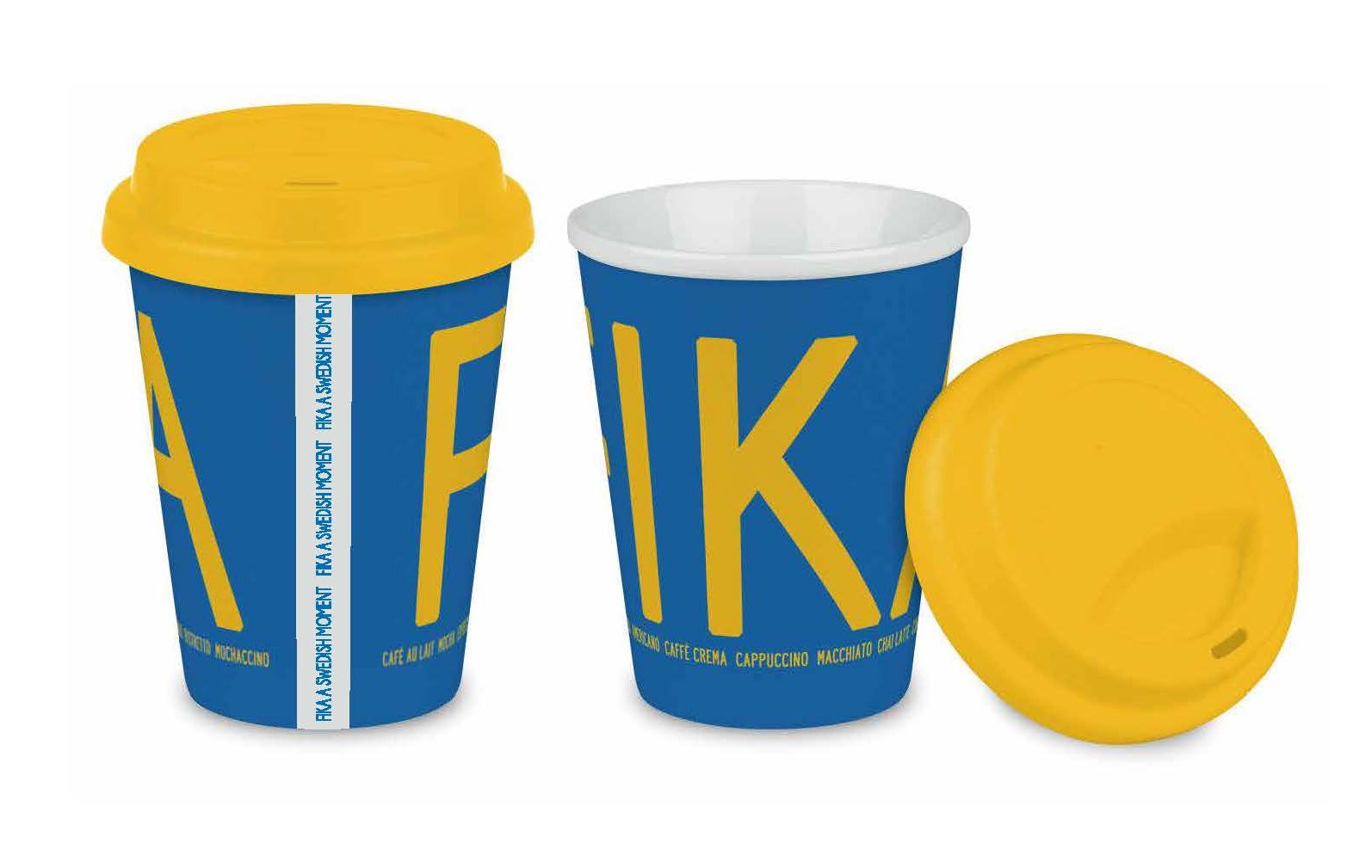 Fika mugg To Go blågul med text