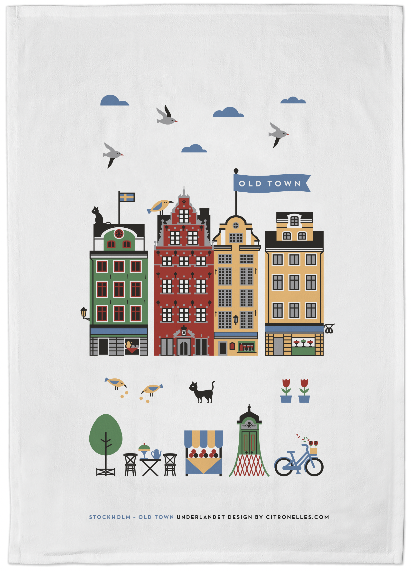 Kökshandduk Gamla Stan med motiv av klassiska hus i Stockholm