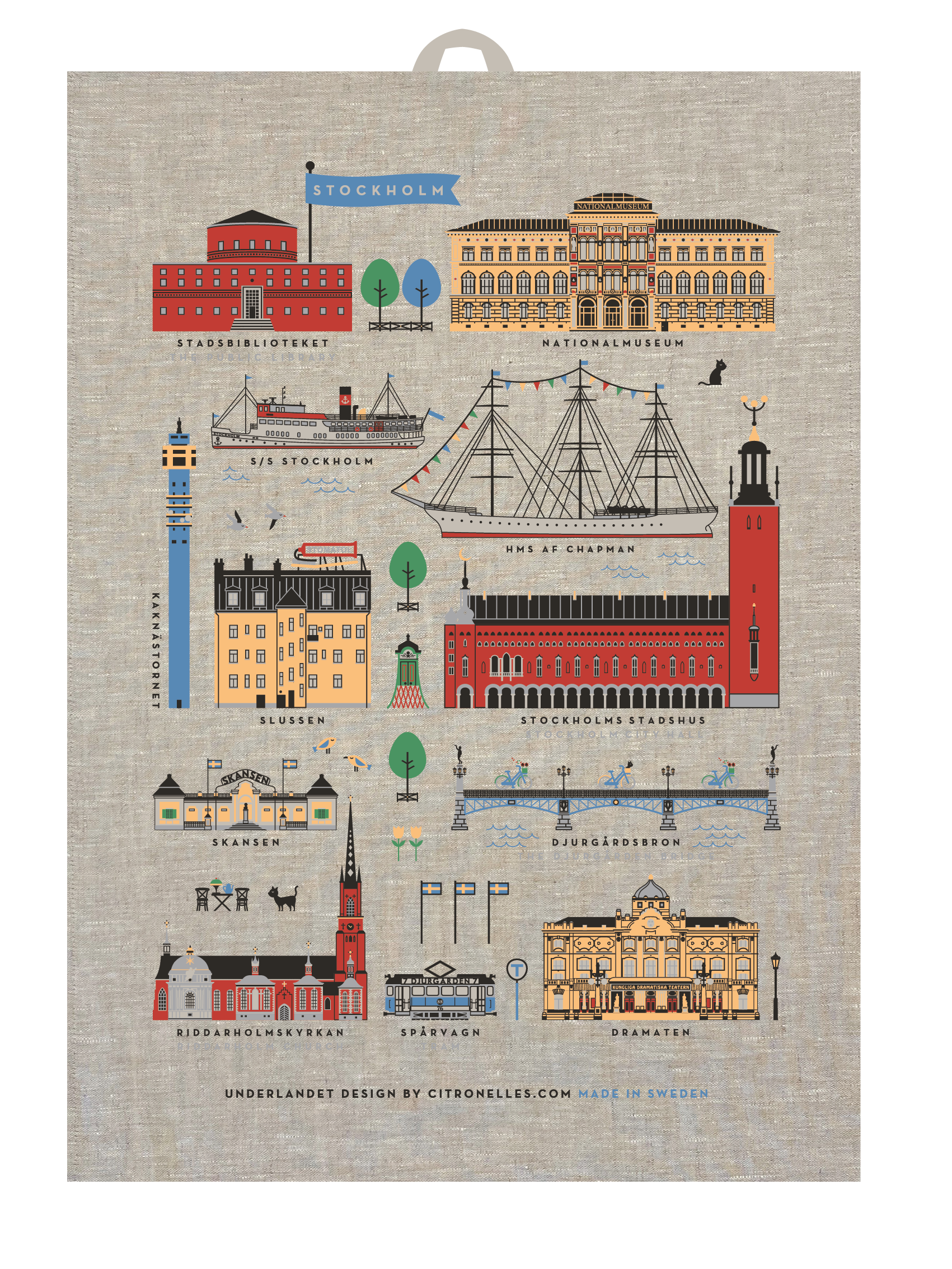 Kökshandduk i linne med Stockholm City motiv
