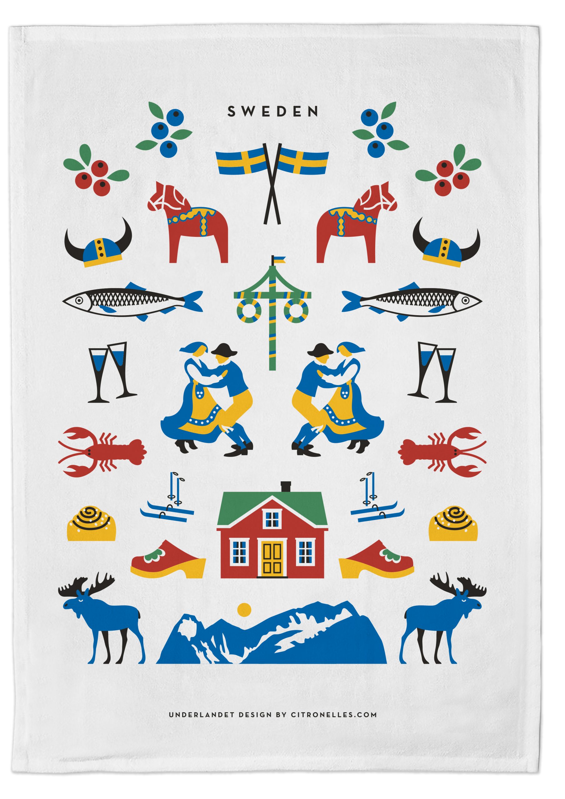 Svenska traditioner kökshandduk med mönster av svenska symboler