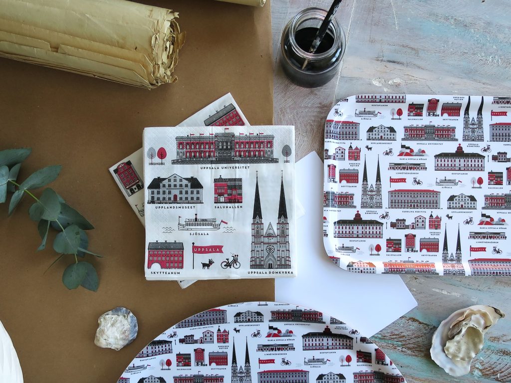 Detalj av kökshandduk med Uppsala domkyrka