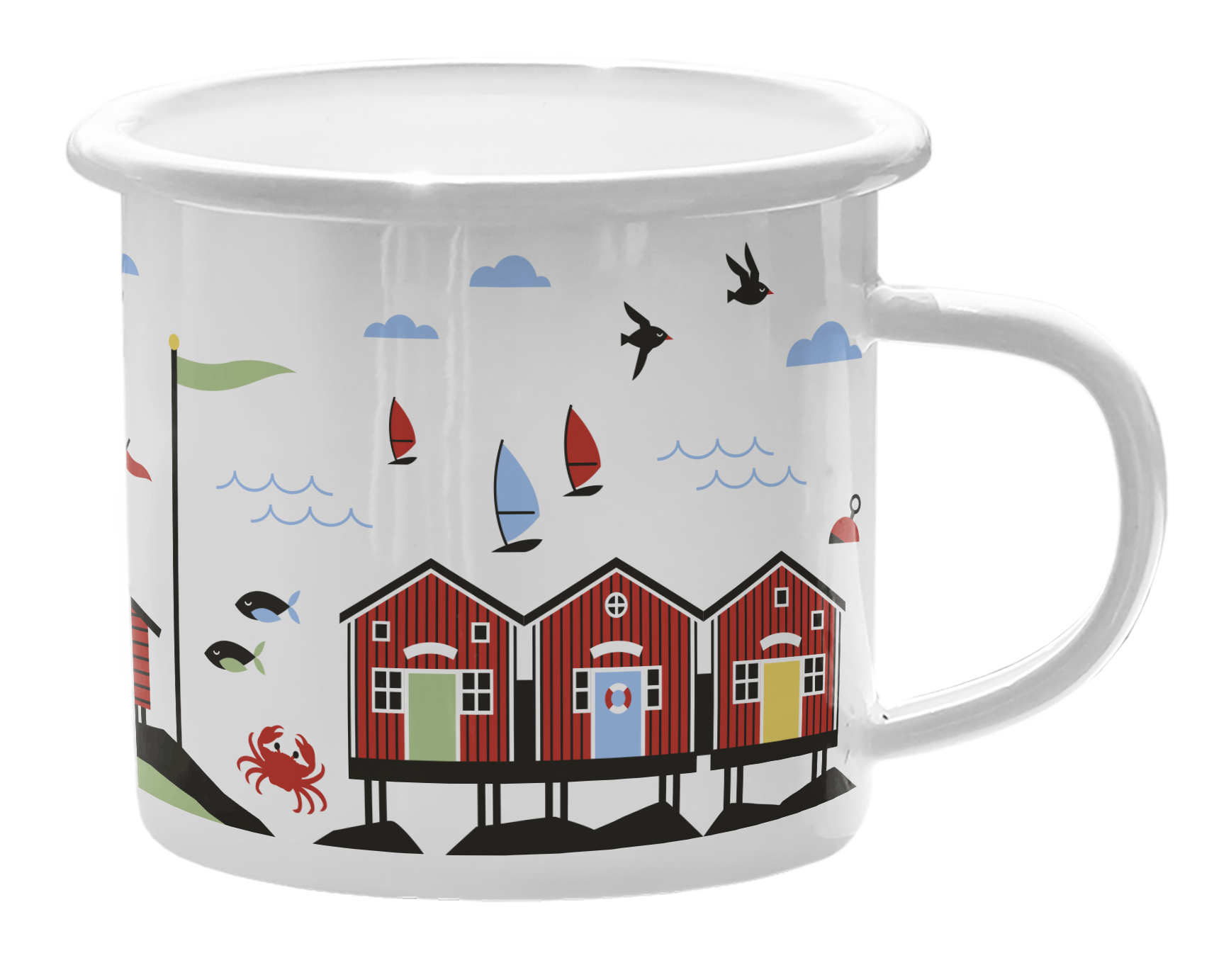 Emaljmugg med motiv av sommarhus
